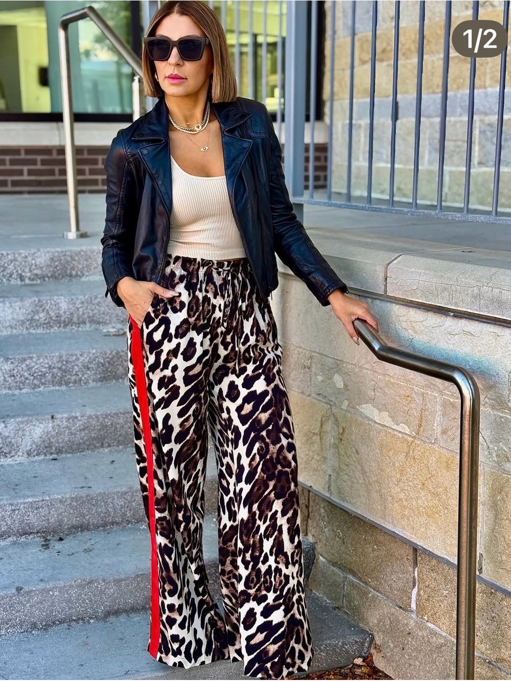 Like New Q2 Wide-Leg Leopard Print Jogger Pants with Red Side Stripe